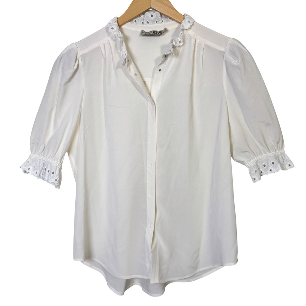 Go by GoSilk Womens Blouse Medium Ivory Washable White Eyelet Ruffle Snap Button